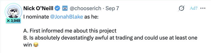 A tweet by Nick O'Neill (@chooserich) nominating @JonahBlake, noting he first informed him about the project but is "absolutely devastatingly awful at trading and could use at least one win," which relates to the accompanying post by hyping a zkSNARKs-related project and encouraging followers to apply before applications close.