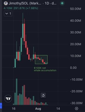 The image shows a candlestick chart for $JIMOTHY/SOL on a 1-day timeframe, displaying a price of 4.10M with a 291.87K (+7.66%) gain, alongside a volume profile and a highlighted "$100K net whale accumulation" zone during recent price declines, visually supporting the post's claim of significant whale buying at lower prices despite continued bearish retail sentiment.