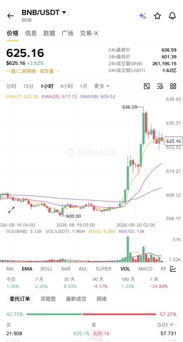 A Binance trading chart for BNB/USDT shows a current price of 625.16, up 3.82%, with candlestick data and technical indicators.