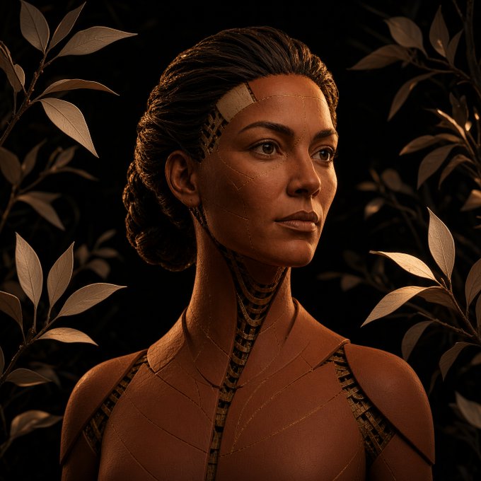A highly detailed 3D render of a woman with brown hair pulled back, wearing terracotta-colored armor with geometric patterns, set against a dark background with leafy branches.