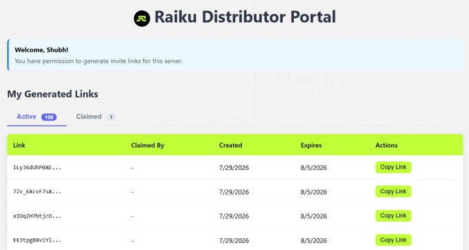 A screenshot of the Raiku Distributor Portal shows Shubhl with 100 active and 1 claimed invite links, all created on 7/29/2026 and expiring on 8/5/2026, illustrating the author's offer to help users get into the Raiku server while they wait for application approval.