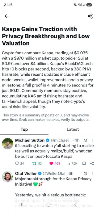 A mobile screenshot of an article titled 'Kaspa Gains Traction with Privacy Breakthrough and Low Valuation' discussing KAS cryptocurrency at $0.035 with a $970 million market cap, featuring posts from Michael Sutton and Olaf Weller.