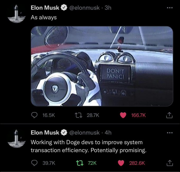 The image features a post by an Elon Musk account, discussing his plans to improve cryptocurrency systems with the help of the Dogecoin platform. The message includes a photo of a person driving a car while they discuss improvements to the system, possibly involving a dogecoin implementation in the process. The post also mentions XRP and other potential cryptocurrency projects that might be competing for investors' attention in the future.