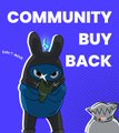 A pixel art-style graphic reading 'COMMUNITY BUY BACK' features cartoon characters including a figure in a dark hoodie and a grey cat.