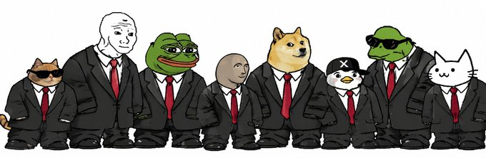 An illustration of internet meme characters, including Pepe the Frog, Doge, Wojak, and a cat, all wearing black business suits with red ties in a lineup.