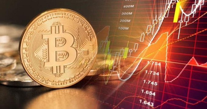 A golden Bitcoin coin placed beside a red-toned financial chart displaying candlestick patterns and rising trend lines, symbolizing cryptocurrency market analysis.