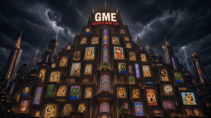 A gothic cathedral tower beneath stormy skies is illuminated with stained-glass portraits of the beloved Doge and Pepe memes, crowned by a glowing sign reading "GME — GREATEST MEME EVER." The image visualizes the post's claim of meme supremacy, positioning Doge and Pepe as revered, almost religious icons alongside the displayed contract address.
