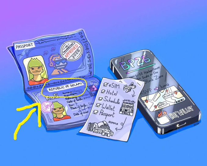A digital illustration shows a passport labeled "Republic of Solami" with a female character photo and an "Approved" stamp, placed beside a checklist (eSIM, Hotel, Schedule, Wallet, Passport) and a smartphone displaying "BP26" and a map, humorously representing travel and crypto "packing" essentials for the hypothetical $Solami coin mentioned in the post.