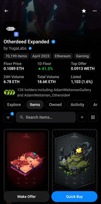 A mobile screenshot of the Otherside Expanded NFT collection by Yuga Labs on OpenSea, showing a floor price of 0.1089 ETH (up 41.5%), 18.6K ETH total volume, and two deed-style NFT listings with Make Offer and Quick Buy options—directly addressing the post's question about missing deed announcements from @OthersideMeta.