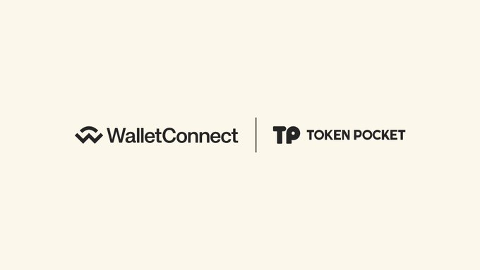 The image displays the logos of "WalletConnect" and "Token Pocket" (TP) side by side on a cream background, visually representing the integration mentioned in the post about Token Pocket now supporting WalletConnect Pay on the Solana network.
