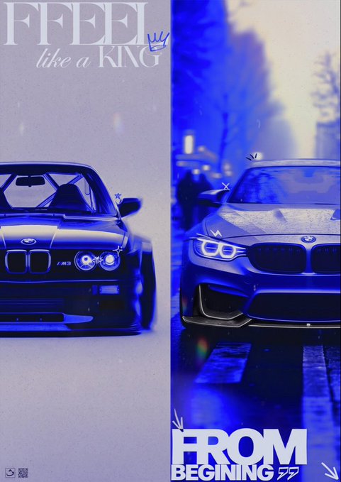 Stylized poster featuring two blue-tinted BMW cars with text 'FFBEI like a KING' and 'FROM BEGINING'.