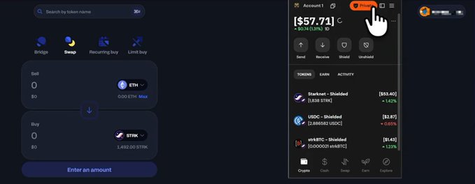 A crypto trading interface showing a swap function for ETH to BTRK on the left, and a portfolio view on the right displaying an account balance of "$57,791" with holdings in Stalknet, USDC, and WrBTC.