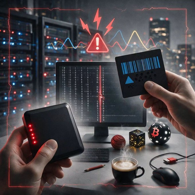 A stylized digital illustration depicting a cybersecurity/tech theme with hands holding devices, a computer monitor showing binary code, warning symbols, and a Bitcoin sphere on a desk with coffee, suggesting threats in the crypto space.
