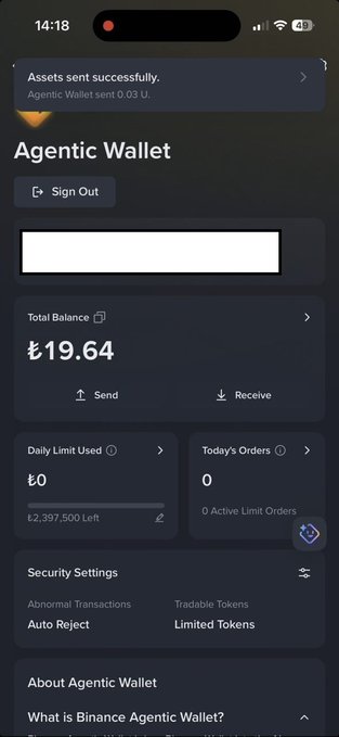 A mobile screenshot of the 'Agentic Wallet' app showing a total balance of ₺19.64, a daily limit used of ₺0 out of 2,397,500, and a notification that assets were sent successfully.