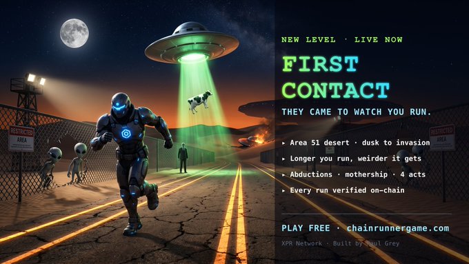 The image features a poster advertising a new video game called "First Contact", which involves an alien invasion. The poster includes a man dressed as a robot running through a desert with an alien hovering above him, creating an exciting and futuristic atmosphere. The text on the poster encourages players to try out the game for free by clicking on the provided link or button.