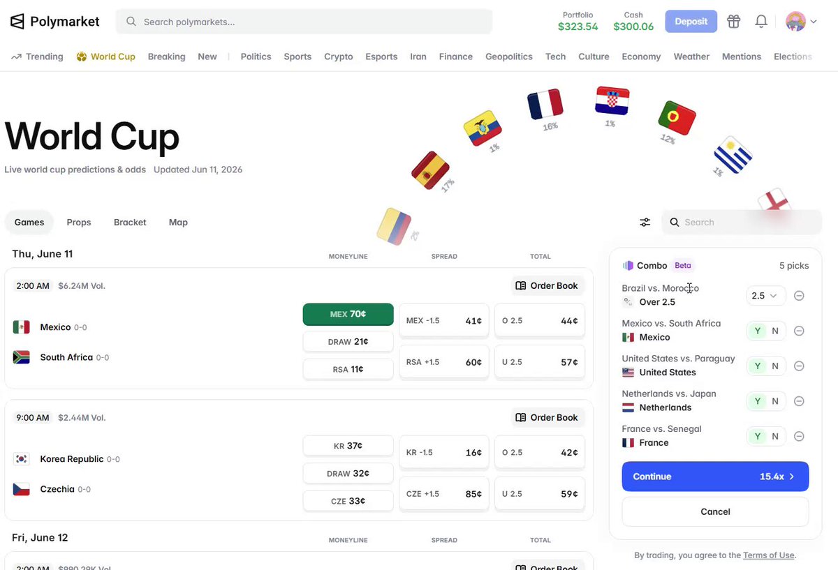 The image shows a website displaying information about the World Cup, including the date of the event and the countries participating. The website also features a betting system for the World Cup, allowing users to create combo bets across multiple events.