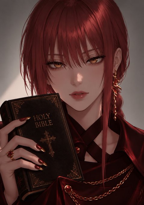 A digital illustration of an anime-style female character with long red hair and golden eyes, wearing a dark red outfit with crisscross straps and gold chains, holding a 'HOLY BIBLE' with a gold cross on its cover.