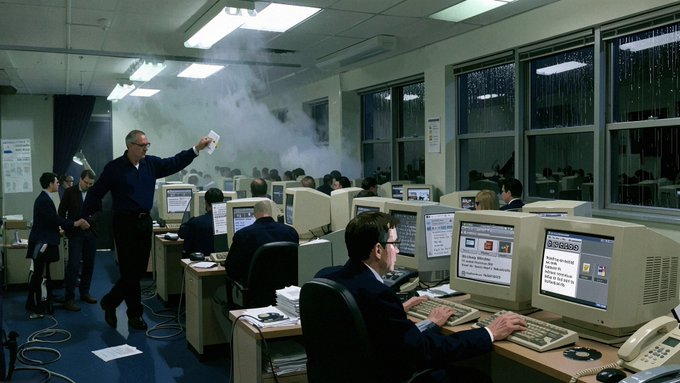 A surreal office scene depicts a standing manager spraying white powder or smoke over rows of seated employees working at vintage CRT monitors in a dimly lit, hazy room.