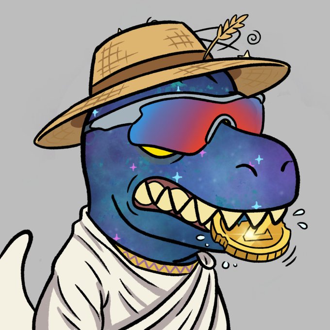 A digital illustration of a stylized, cosmic-patterned blue and purple creature or character wearing a straw hat and sunglasses, with sharp teeth biting down on a gold coin.