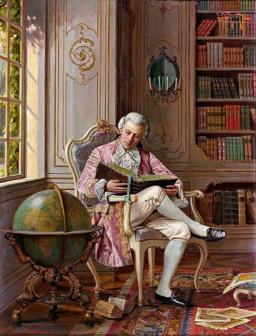 A classical painting of an 18th-century aristocrat in a pink embroidered coat and white wig, seated in an ornate chair reading a book, with a large globe, bookshelf, and scattered papers in the room.