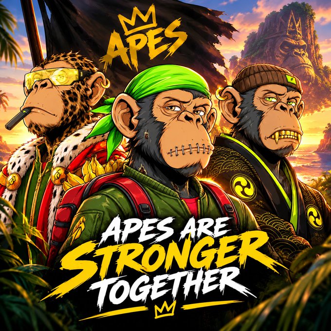 A vibrant graphic featuring three stylized apes wearing accessories like sunglasses, a green bandana, and a beanie, with the text 'APES' at the top and 'APES ARE STRONGER TOGETHER' at the bottom.
