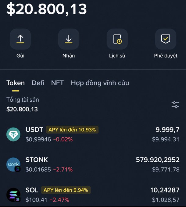 Screenshot of a Vietnamese crypto wallet app showing a total balance of '$20.800,13' with holdings in USDT ($9.994,31), STONK ($9.771,78), and SOL ($1.028,57).