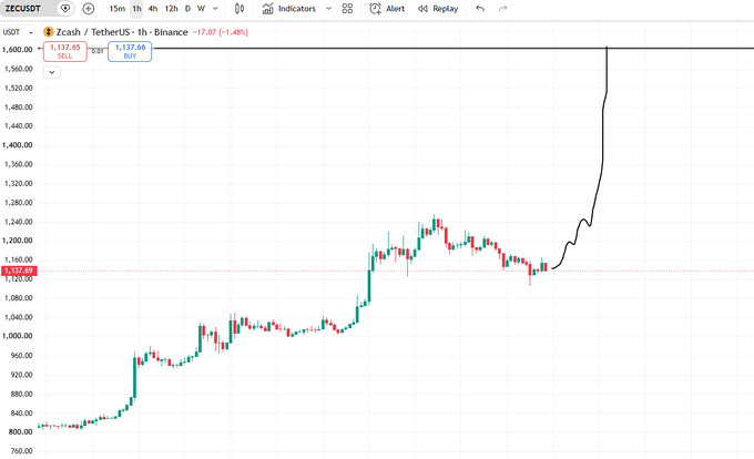 The image shows a ZECUSDT (Zcash/USDT) 1-hour candlestick chart on TradingView displaying ZEC's price at $1,137.65 with a bullish projection curve extending sharply upward toward $1,600, visually supporting the long trade setup with an entry at $1,138, stop at $1,060, and target at $1,600.