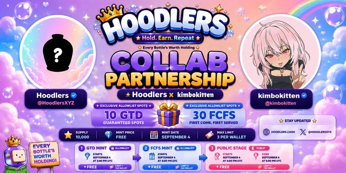 A promotional graphic for a 'HOODLERS' collaboration partnership between Hoodlers and kimbokitten, advertising '10 GTD GUARANTEED SPOTS' and '30 FCFS FIRST COME, FIRST SERVED' with a mint date of September 4.