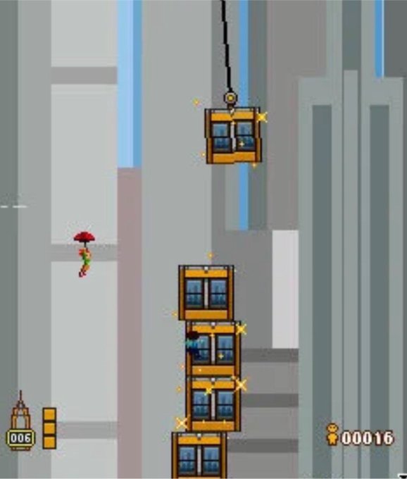 A pixel art side-scrolling video game showing a character with a red parachute descending past skyscrapers, with a score of 000016 and timer at 006.