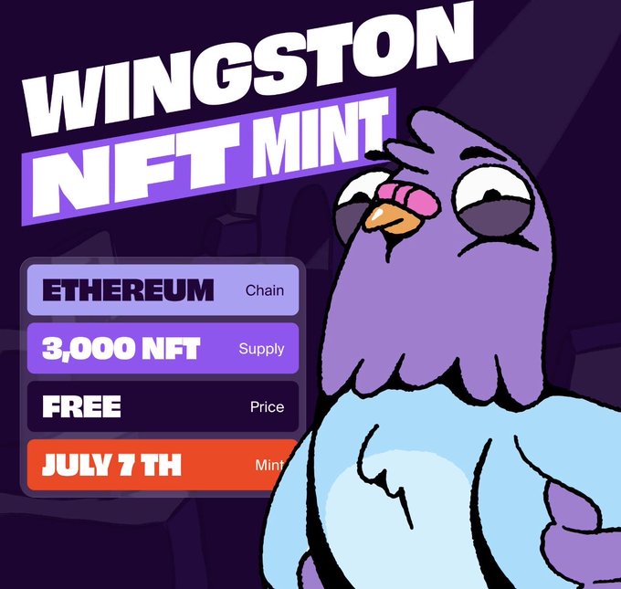 A promotional graphic for the "WINGSTON NFT MINT" featuring a purple cartoon bird character, with details listing Ethereum as the chain, a supply of 3,000 NFTs, free pricing, and a mint date of July 7th. The image serves as an ironic contrast to the post's cautionary tale about the hidden costs, time investment, and disappointment of NFT projects, since this free mint embodies the very appeal that often leads to the kind of frustrating experiences described.