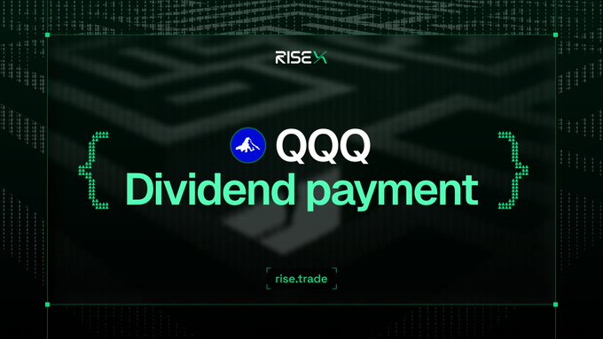 The image is a stylized graphic with a dark green digital matrix background, featuring the "RISEx" logo at the top, a bull icon next to the "QQQ" ticker, and the text "Dividend payment" prominently displayed, with "rise.trade" at the bottom—visually highlighting the QQQ perpetual contract's dividend payout on the RISEx platform mentioned in the post.