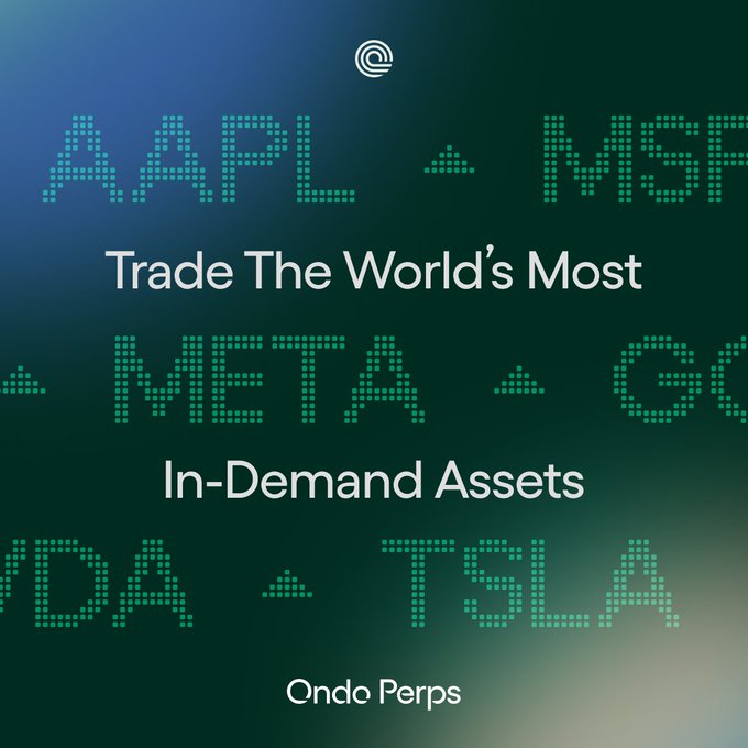 Promotional graphic for Ondo Perps featuring stock ticker-style displays of major assets like AAPL, MSFT, META, GOOGL, and TSLA, with the headline "Trade The World's Most In-Demand Assets," visually echoing the post's mention of popular stocks and commodities.