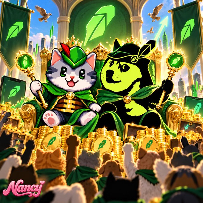 A vibrant digital artwork featuring pixel-art cats (one white, one doge-like) dressed as royalty on a throne, surrounded by gold coins and green leaf tokens, with 'Nancy' written in pink script.