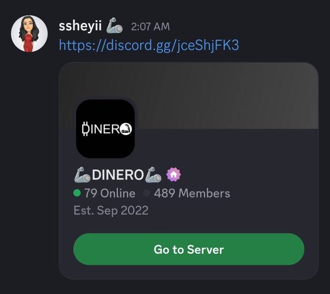 A Discord message from 'ssheyii' at 2:07 AM shares a server invite link for 'DINERO', a server with 79 online users and 489 members established in September 2022.