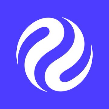 A white stylized swirling logo or symbol centered on a solid purple background.