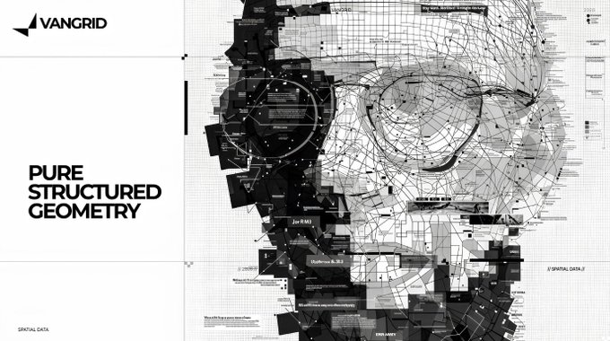 A VanGrid design titled 'PURE STRUCTURED GEOMETRY' showing a complex, deconstructed human face made of geometric shapes, grids, and technical annotations on a white background.