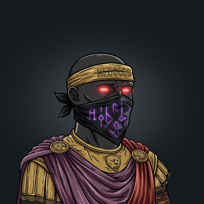 A digital illustration depicts a warrior figure in Roman-style armor with a golden 'NEOGODS' headband, a bandana mask with purple glowing runes, and glowing red eyes against a dark background.
