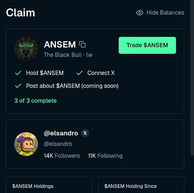 A dark-themed crypto claim interface showing ANSEM 'The Black Bull' token with completed tasks (Hold $ANSEM, Connect X, Post about $ANSEM) and a Trade $ANSEM button.
