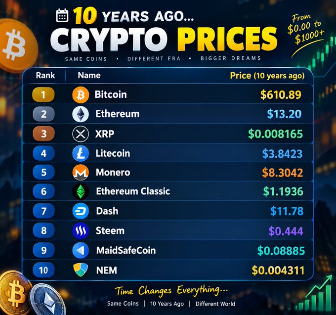 An infographic titled '10 YEARS AGO... CRYPTO PRICES' listing historical prices for cryptocurrencies including Bitcoin ($610.89), Ethereum ($13.20), XRP ($0.008165), Litecoin ($3.8423), Monero ($8.3042), Ethereum Classic ($1.1936), Dash ($11.78), Steem ($0.444), MaidSafeCoin ($0.08885), and NEM ($0.004311).