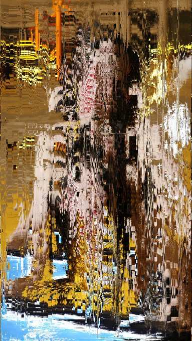 The image features a painting with a unique blend of colors, including shades of brown, yellow, black, white, and orange. The artwork appears to be a digital art piece that has been edited or manipulated using various techniques such as color blending and layering. The artist's signature is visible in the bottom right corner of the image.