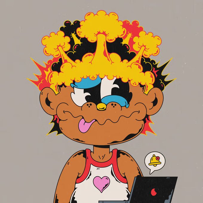 A cartoon illustration of a brown-skinned character with a wild afro of orange flames, big blue eyes, a pink tongue sticking out, wearing a white tank top with a pink heart, while typing on a MacBook with a bell notification icon.