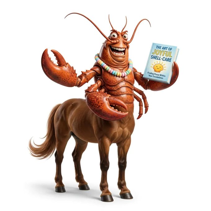 A cartoonish crab with a wide grin and a beaded necklace rides a brown horse while proudly holding a book titled "THE ART OF JOYFUL SHELL-CARE," fitting the absurd "brainrot" meme aesthetic referenced in the post about accepting another offer.