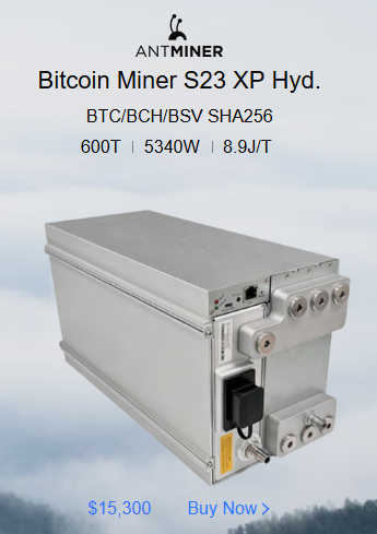 An advertisement for a Bitmain Antminer S23 XP Hyd. Bitcoin miner, showing specs 'BTC/BCH/BSV SHA256', '600T | 5340W | 8.9J/T', and a price of '$15,300'.