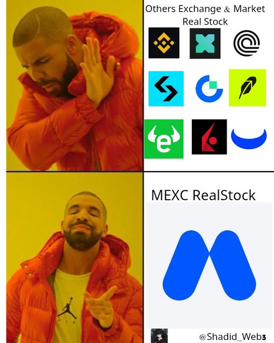 The image features a man wearing an orange jacket and posing for a picture next to a blue symbol that represents a cryptocurrency called "MEXC" or realstock, depending on the viewer's interpretation. The caption provides context about the cryptocurrency market, saying that users can buy and trade real U.S. stocks directly via MEXC now. The focus of this image is the man in the orange jacket, with an emphasis on his stance and pose as he appears to be engaged or intrigued by the concept of investing in MEXC realstock.
