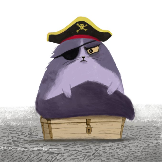 An illustration of a chubby purple cat dressed as a pirate with an eye patch and skull-and-crossbones tricorn hat, sitting on top of a wooden treasure chest.