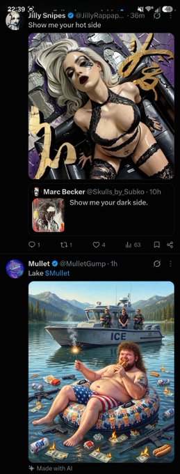 A social media feed showing posts from 'Jilly Snipes' (@JillyRappap...), 'Marc Becker' (@Skulls_by_Subko), and 'Mullet' (@MulletGump) featuring provocative AI-generated artwork.
