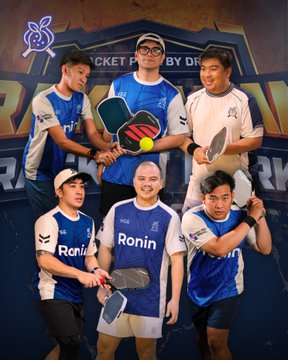 A group photo of five people in matching blue and white 'Ronin' team jerseys posing with pickleball paddles and a ball.
