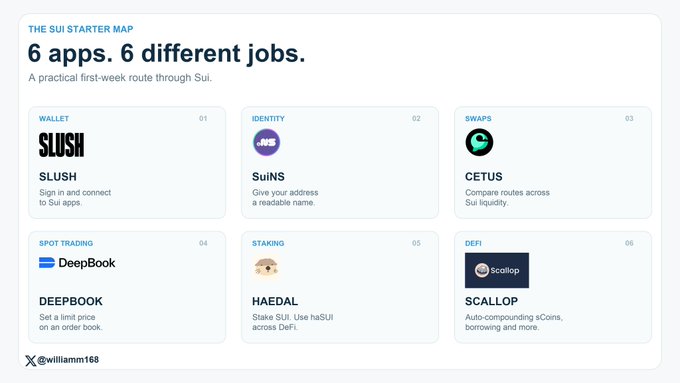 An infographic titled 'THE SUI STARTER MAP - 6 apps. 6 different jobs.' displaying a practical first-week route through Sui, featuring Slush, SuiNS, Cetus, DeepBook, Haedal, and Scallop.