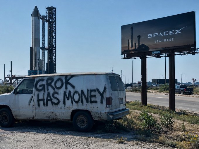 An abandoned white van with graffiti reading 'GROK HAS MONEY' sits near a SpaceX Starship rocket on the launch pad, with a billboard advertising 'SPACEX STARBASE' visible in the background.