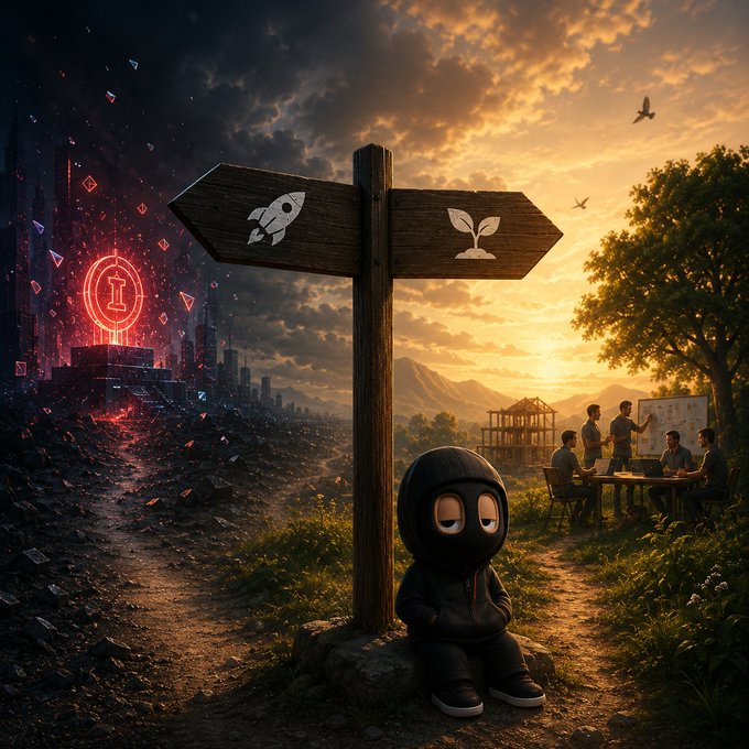 A hooded character sits at a crossroads signpost pointing left toward a dark, neon-lit city with a rocket icon and right toward a sunny landscape with people collaborating and a plant icon.
